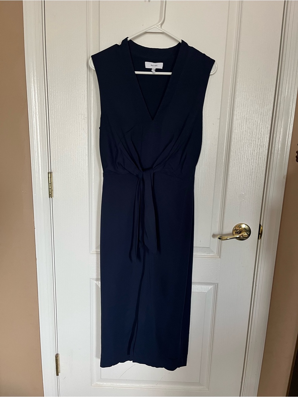 Reiss Dark Navy V-Neck Tie-Waist Midi Dress